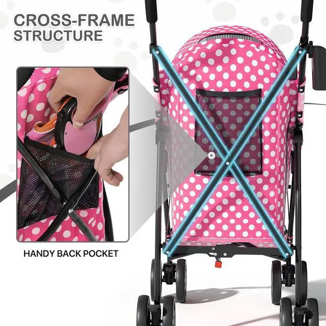 Alt view image 6 of 7 - 4 Wheels Pet Stroller, Easy-Fold Umbrella Shaped Dog Cat Jogger Stroller w/Storage Bag & Visible Mesh for Small/Medium Dogs Cats Hot Pink Polka Dots