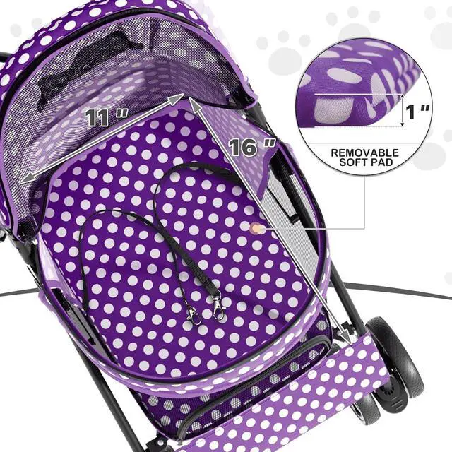 Alt view image 3 of 7 - 4 Wheels Pet Stroller, Easy-Fold Umbrella Shaped Dog Cat Jogger Stroller w/Storage Bag & Visible Mesh for Small/Medium Dogs Cats Purple Polka Dots