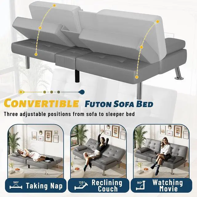 Alt view image 5 of 7 - Futon Sofa Bed Adjustable Futon Couch Sleeper Sofa Bed for Living Room, Business Office, Recliner Sofas with Cup Holders (PU Leather, Gray)