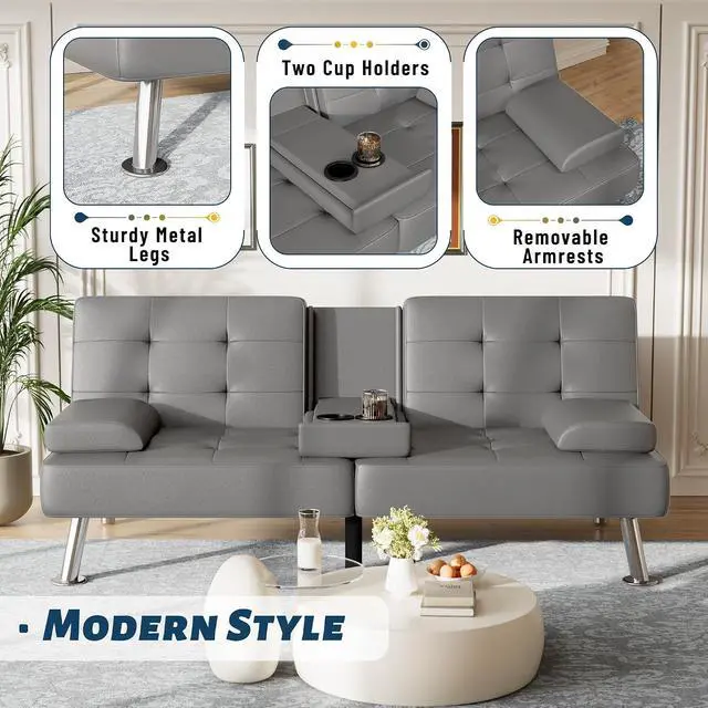 Alt view image 6 of 7 - Futon Sofa Bed Adjustable Futon Couch Sleeper Sofa Bed for Living Room, Business Office, Recliner Sofas with Cup Holders (PU Leather, Gray)