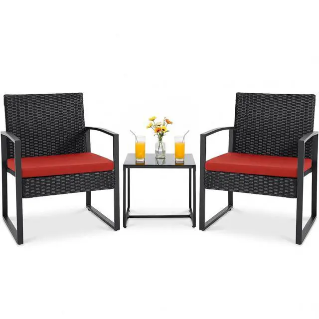 Main image of 3 Pieces Wicker Patio Furniture Outdoor Modern Rattan Chair Conversation Sets with Coffee Table for Yard and Bistro (Red)