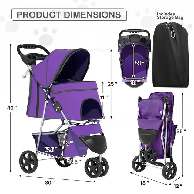 Alt view image 3 of 7 - 3 Wheels Pet Dog Cat Stroller for Small Medium Dogs Cats, Lightweight Foldable Jogger Stroller w/Storage Basket and Cup Holder, Purple