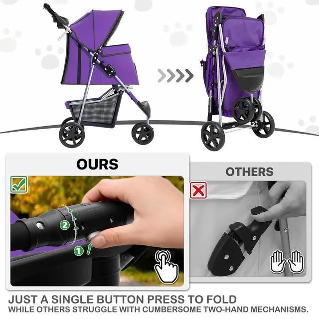 Alt view image 4 of 7 - 3 Wheels Pet Dog Cat Stroller for Small Medium Dogs Cats, Lightweight Foldable Jogger Stroller w/Storage Basket and Cup Holder, Purple