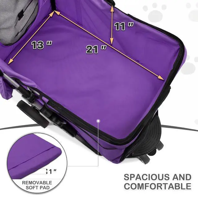 Alt view image 2 of 7 - 3 Wheels Pet Dog Cat Stroller for Small Medium Dogs Cats, Lightweight Foldable Jogger Stroller w/Storage Basket and Cup Holder, Purple