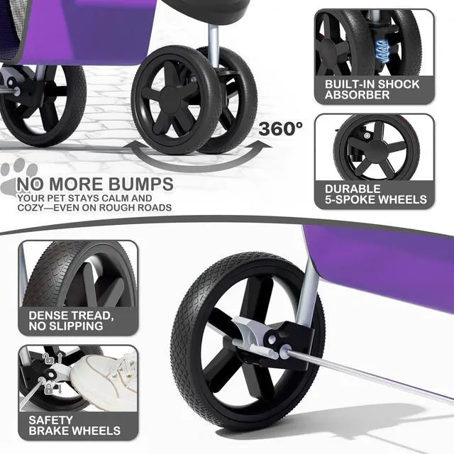 Alt view image 5 of 7 - 3 Wheels Pet Dog Cat Stroller for Small Medium Dogs Cats, Lightweight Foldable Jogger Stroller w/Storage Basket and Cup Holder, Purple