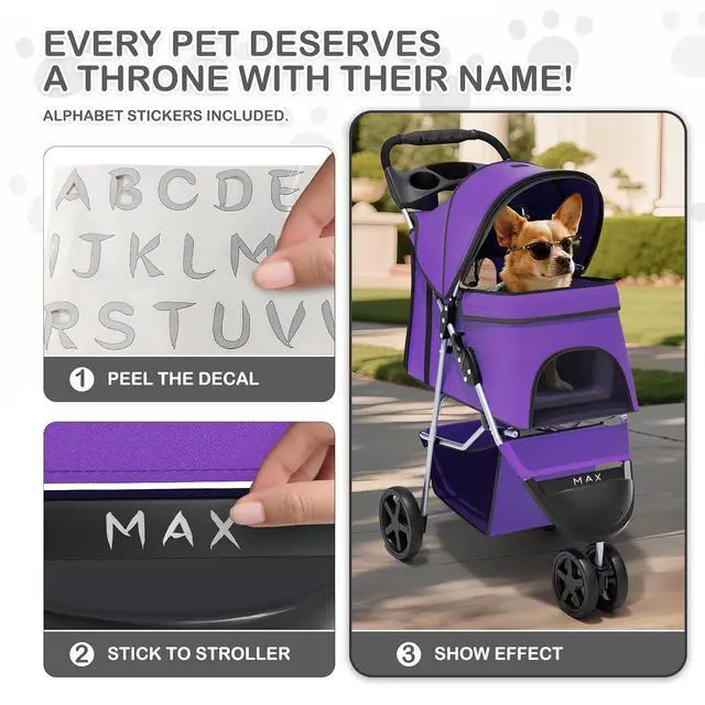 Alt view image 6 of 7 - 3 Wheels Pet Dog Cat Stroller for Small Medium Dogs Cats, Lightweight Foldable Jogger Stroller w/Storage Basket and Cup Holder, Purple