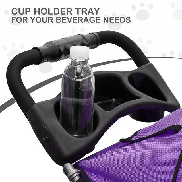 Alt view image 7 of 7 - 3 Wheels Pet Dog Cat Stroller for Small Medium Dogs Cats, Lightweight Foldable Jogger Stroller w/Storage Basket and Cup Holder, Purple