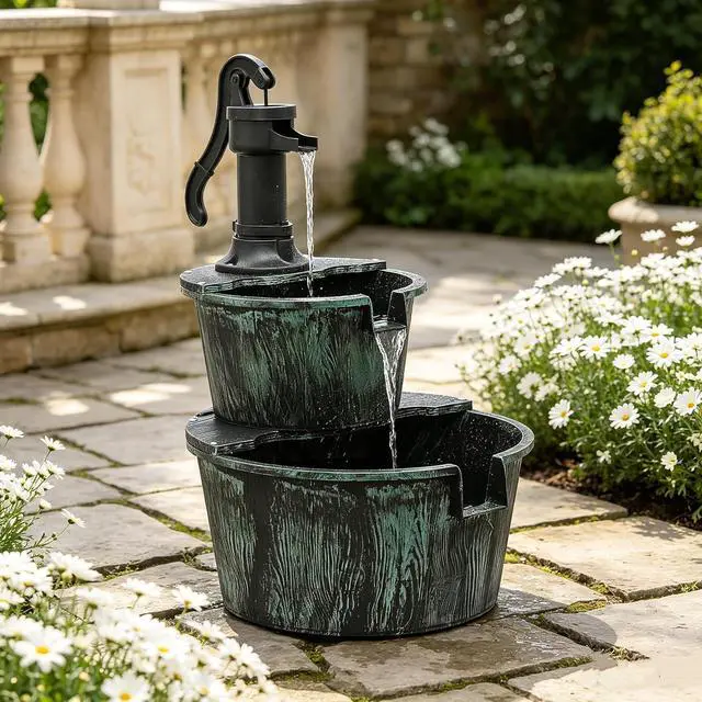 Alt view image 7 of 7 - Outdoor Water Fountains, 27" Tall 2-Tier Barrel and Pump Waterfall Fountain and Pump for Outdoor Patio Garden Backyard Deck, 11L Water Capacity, Green