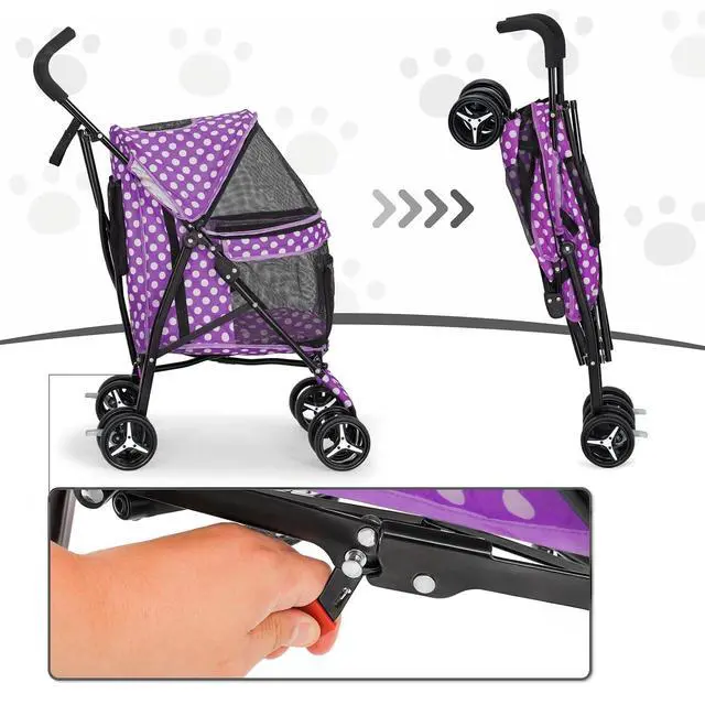 Alt view image 7 of 7 - 4 Wheels Pet Stroller, Easy-Fold Umbrella Shaped Dog Cat Jogger Stroller w/Storage Bag & Visible Mesh for Small/Medium Dogs Cats Purple Polka Dots