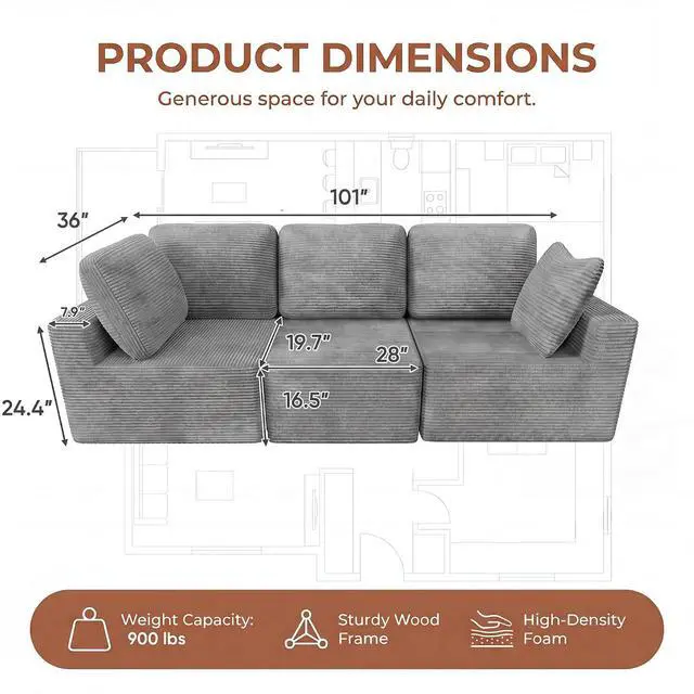 Alt view image 2 of 7 - Sectional Couches for Living Room, Modern Boneless Couch with Deep Seat, Large and Small Throw Pillow, No Assembly Required (Dark Grey, Three-Seater Sofa)