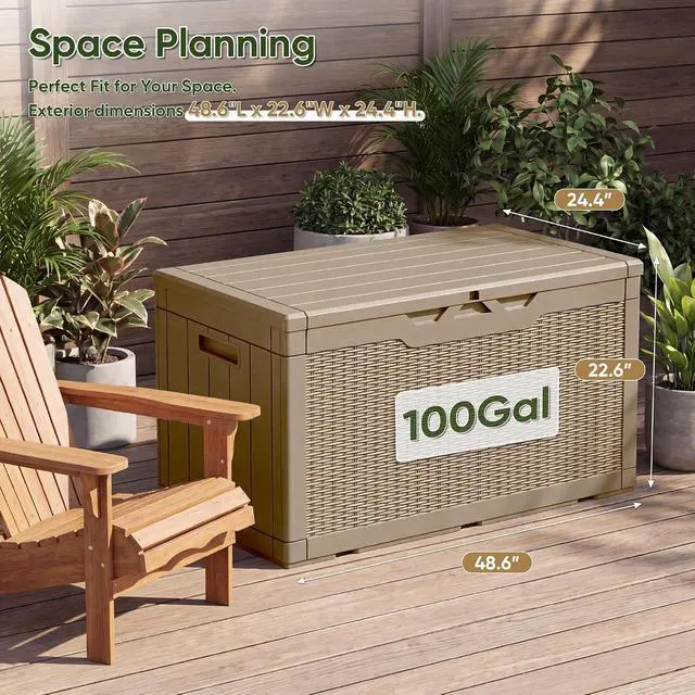 Alt view image 4 of 7 - Outdoor Storage Box 100 Gallon Waterproof Resin Deck Box Delivery Box with Air Rod Indoor Outdoor Lockable Storage Bench for Patio Cushions, Tools, Pool Accessories (Brown)