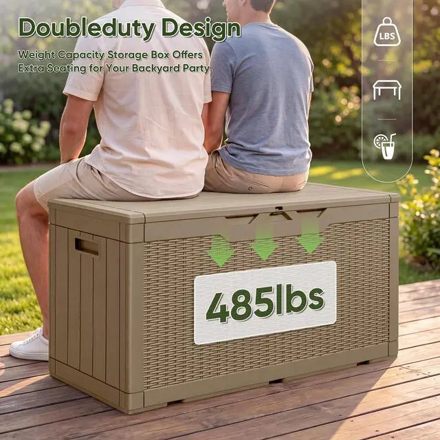 Alt view image 3 of 7 - Outdoor Storage Box 100 Gallon Waterproof Resin Deck Box Delivery Box with Air Rod Indoor Outdoor Lockable Storage Bench for Patio Cushions, Tools, Pool Accessories (Brown)