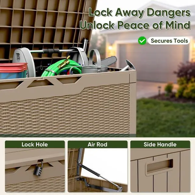 Alt view image 2 of 7 - Outdoor Storage Box 100 Gallon Waterproof Resin Deck Box Delivery Box with Air Rod Indoor Outdoor Lockable Storage Bench for Patio Cushions, Tools, Pool Accessories (Brown)