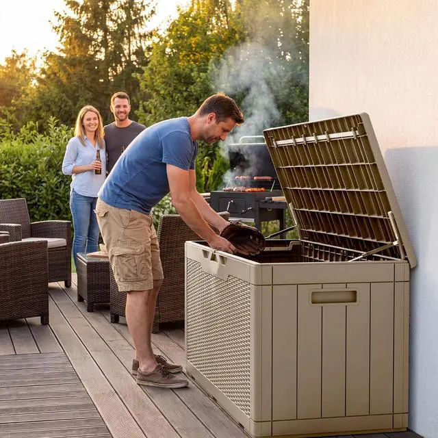 Alt view image 5 of 7 - Outdoor Storage Box 100 Gallon Waterproof Resin Deck Box Delivery Box with Air Rod Indoor Outdoor Lockable Storage Bench for Patio Cushions, Tools, Pool Accessories (Brown)