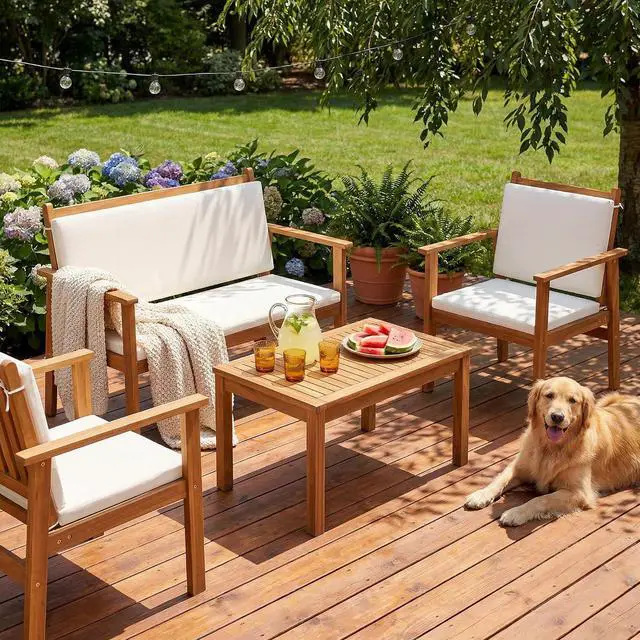 Main image of Patio Furniture 4 Piece Acacia Wood Outdoor Conversation Sofa Set with Table & Cushions Porch Chairs for Garden, Deck, Backyard, Natural