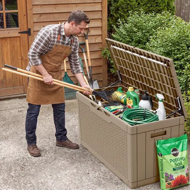Alt view image 7 of 7 - Outdoor Storage Box 100 Gallon Waterproof Resin Deck Box Delivery Box with Air Rod Indoor Outdoor Lockable Storage Bench for Patio Cushions, Tools, Pool Accessories (Brown)