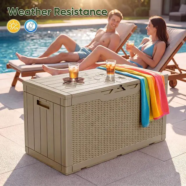 Alt view image 6 of 7 - Outdoor Storage Box 100 Gallon Waterproof Resin Deck Box Delivery Box with Air Rod Indoor Outdoor Lockable Storage Bench for Patio Cushions, Tools, Pool Accessories (Brown)