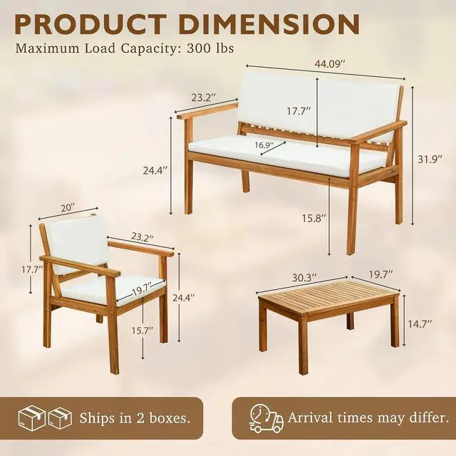 Alt view image 6 of 7 - Patio Furniture 4 Piece Acacia Wood Outdoor Conversation Sofa Set with Table & Cushions Porch Chairs for Garden, Deck, Backyard, Natural