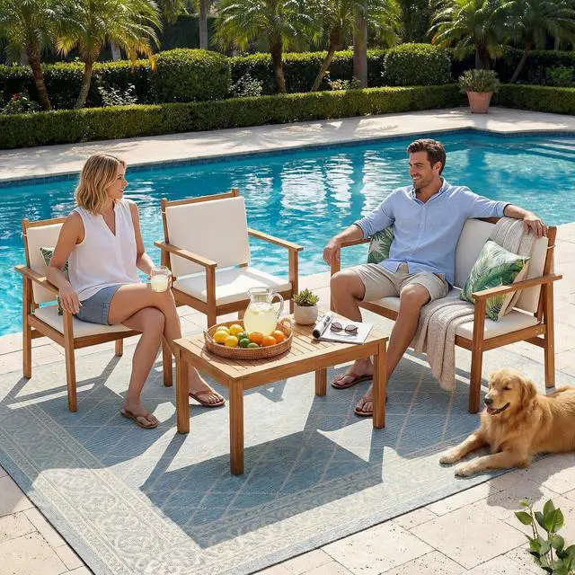 Alt view image 5 of 7 - Patio Furniture 4 Piece Acacia Wood Outdoor Conversation Sofa Set with Table & Cushions Porch Chairs for Garden, Deck, Backyard, Natural