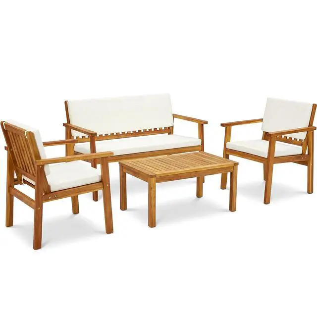 Alt view image 7 of 7 - Patio Furniture 4 Piece Acacia Wood Outdoor Conversation Sofa Set with Table & Cushions Porch Chairs for Garden, Deck, Backyard, Natural