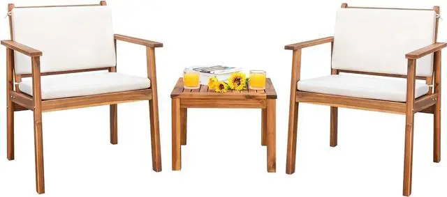 Main image of Patio Set 3 Piece Acacia Wood Outdoor Furniture Conversation Seat with Table & Cushions Porch Chairs for Balcony, Deck, Backyard, Beige