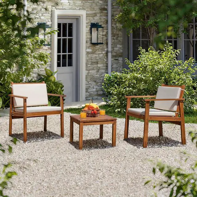 Alt view image 6 of 7 - Patio Set 3 Piece Acacia Wood Outdoor Furniture Conversation Seat with Table & Cushions Porch Chairs for Balcony, Deck, Backyard, Beige