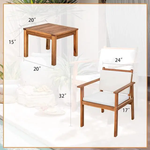 Alt view image 3 of 7 - Patio Set 3 Piece Acacia Wood Outdoor Furniture Conversation Seat with Table & Cushions Porch Chairs for Balcony, Deck, Backyard, Beige