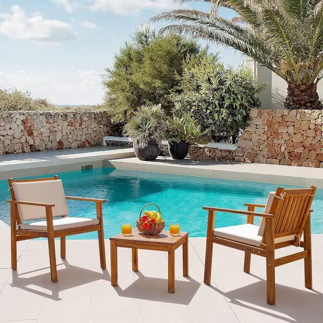 Alt view image 2 of 7 - Patio Set 3 Piece Acacia Wood Outdoor Furniture Conversation Seat with Table & Cushions Porch Chairs for Balcony, Deck, Backyard, Beige