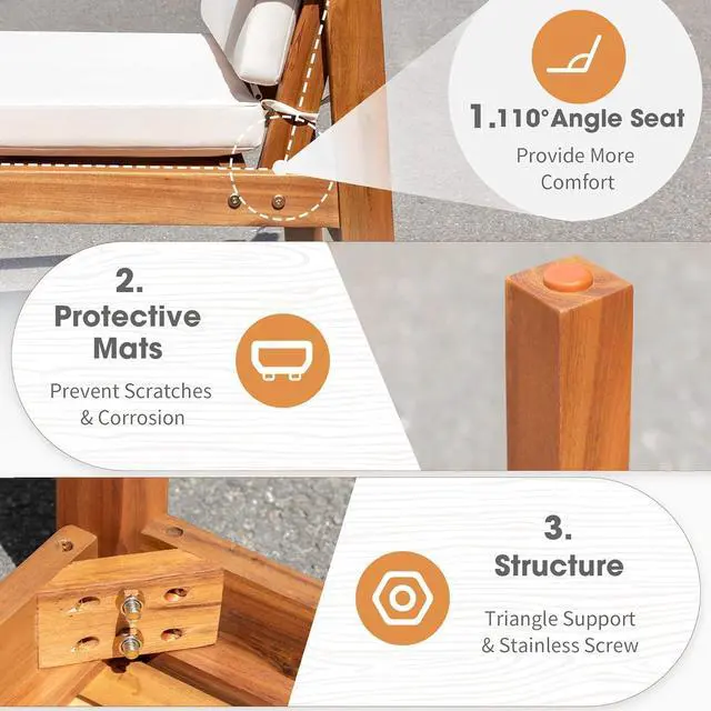 Alt view image 5 of 7 - Patio Set 3 Piece Acacia Wood Outdoor Furniture Conversation Seat with Table & Cushions Porch Chairs for Balcony, Deck, Backyard, Beige