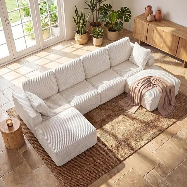 Main image of 126" Sectional Couches for Living Room, Modern Fabric Boneless Couch with Deep Seat, Upholstered Cloud Sofa with 2 Ottoman, No Assembly Required (Beige, U Shaped Sofa)