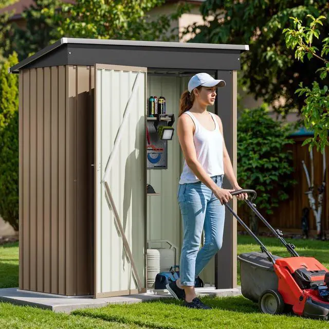 Alt view image 4 of 7 - Outdoor Storage Shed 5 x 3 FT Lockable Metal Garden Shed Steel Anti-Corrosion Storage House with Single Lockable Door for Backyard Outdoor Patio (Brown)