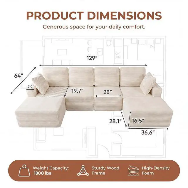 Alt view image 2 of 7 - 126" Sectional Couches for Living Room, Modern Fabric Boneless Couch with Deep Seat, Upholstered Cloud Sofa with 2 Ottoman, No Assembly Required (Beige, U Shaped Sofa)