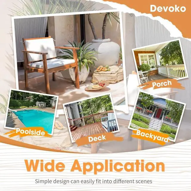 Alt view image 7 of 7 - Patio Set 3 Piece Acacia Wood Outdoor Furniture Conversation Seat with Table & Cushions Porch Chairs for Balcony, Deck, Backyard, Beige