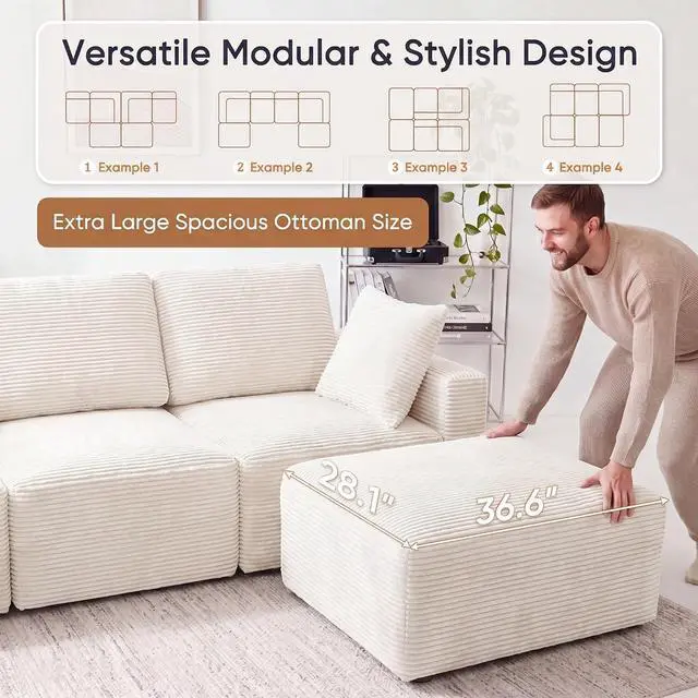 Alt view image 4 of 7 - 126" Sectional Couches for Living Room, Modern Fabric Boneless Couch with Deep Seat, Upholstered Cloud Sofa with 2 Ottoman, No Assembly Required (Beige, U Shaped Sofa)