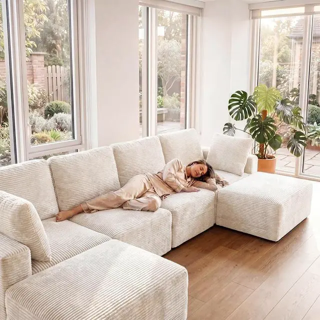 Alt view image 7 of 7 - 126" Sectional Couches for Living Room, Modern Fabric Boneless Couch with Deep Seat, Upholstered Cloud Sofa with 2 Ottoman, No Assembly Required (Beige, U Shaped Sofa)