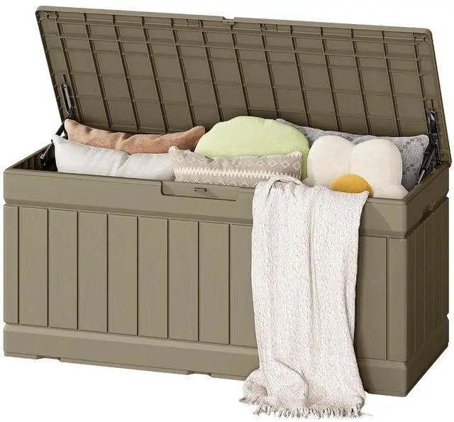 Main image of Outdoor Storage Box 80 Gallon Resin Waterproof Deck Box Delivery Box with Wood Texture Large Storage Bin for Patio Cushions (Light Brown)