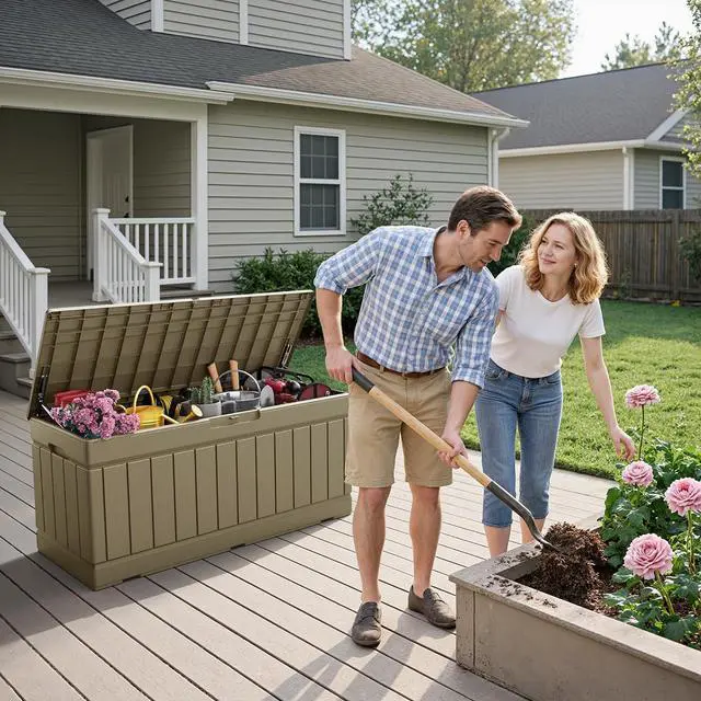 Alt view image 2 of 7 - Outdoor Storage Box 80 Gallon Resin Waterproof Deck Box Delivery Box with Wood Texture Large Storage Bin for Patio Cushions (Light Brown)