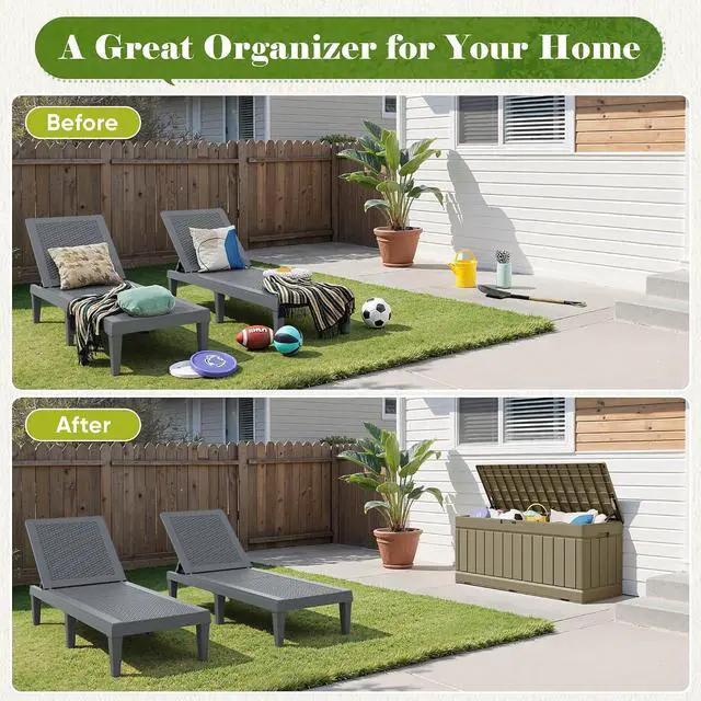 Alt view image 5 of 7 - Outdoor Storage Box 80 Gallon Resin Waterproof Deck Box Delivery Box with Wood Texture Large Storage Bin for Patio Cushions (Light Brown)
