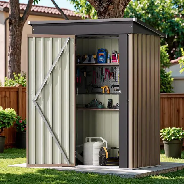 Alt view image 5 of 7 - Outdoor Storage Shed 5 x 3 FT Lockable Metal Garden Shed Steel Anti-Corrosion Storage House with Single Lockable Door for Backyard Outdoor Patio (Brown)