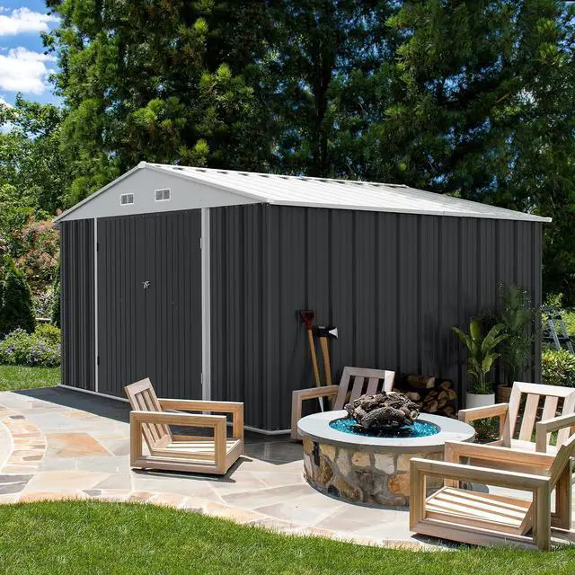 Alt view image 2 of 7 - 10 x 8 FT Outdoor Storage Shed, Metal Garden Sheds & Outdoor Storage Clearance, Large Tool Shed Outdoor with Single Lockable Door for Patio Lawn Backyard (Gray)