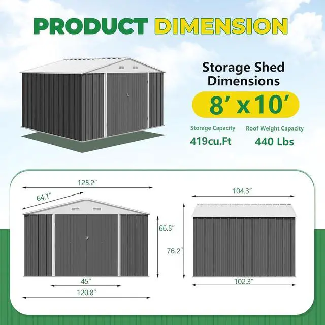 Alt view image 6 of 7 - 10 x 8 FT Outdoor Storage Shed, Metal Garden Sheds & Outdoor Storage Clearance, Large Tool Shed Outdoor with Single Lockable Door for Patio Lawn Backyard (Gray)
