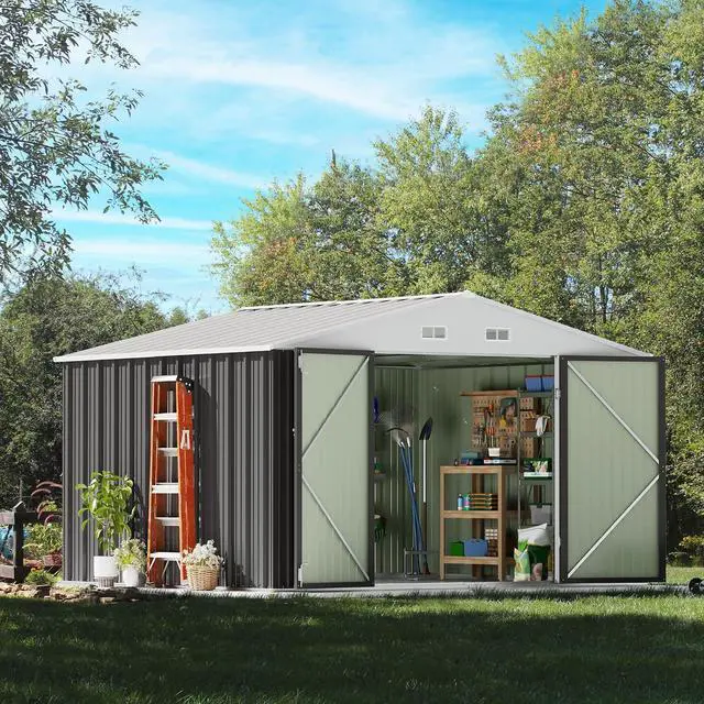 Alt view image 3 of 7 - 10 x 8 FT Outdoor Storage Shed, Metal Garden Sheds & Outdoor Storage Clearance, Large Tool Shed Outdoor with Single Lockable Door for Patio Lawn Backyard (Gray)