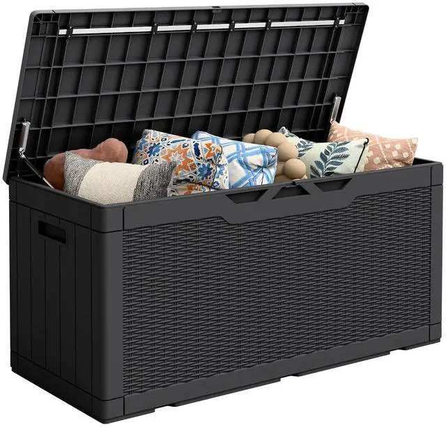 Main image of Outdoor Storage Box 100 Gallon Waterproof Resin Deck Box Delivery Box with Air Rod Indoor Outdoor Lockable Storage Bench for Patio Cushions, Tools, Pool Accessories (Black)