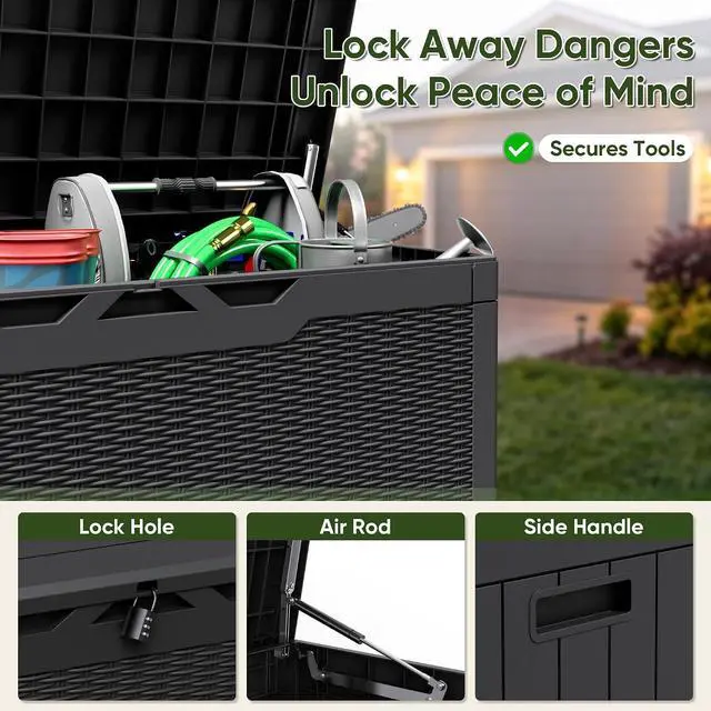 Alt view image 2 of 7 - Outdoor Storage Box 100 Gallon Waterproof Resin Deck Box Delivery Box with Air Rod Indoor Outdoor Lockable Storage Bench for Patio Cushions, Tools, Pool Accessories (Black)