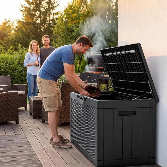 Alt view image 5 of 7 - Outdoor Storage Box 100 Gallon Waterproof Resin Deck Box Delivery Box with Air Rod Indoor Outdoor Lockable Storage Bench for Patio Cushions, Tools, Pool Accessories (Black)