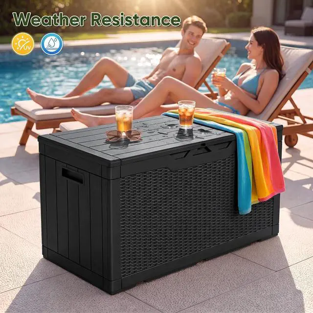 Alt view image 6 of 7 - Outdoor Storage Box 100 Gallon Waterproof Resin Deck Box Delivery Box with Air Rod Indoor Outdoor Lockable Storage Bench for Patio Cushions, Tools, Pool Accessories (Black)