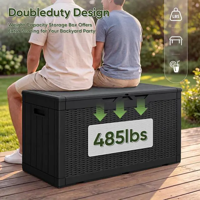 Alt view image 3 of 7 - Outdoor Storage Box 100 Gallon Waterproof Resin Deck Box Delivery Box with Air Rod Indoor Outdoor Lockable Storage Bench for Patio Cushions, Tools, Pool Accessories (Black)