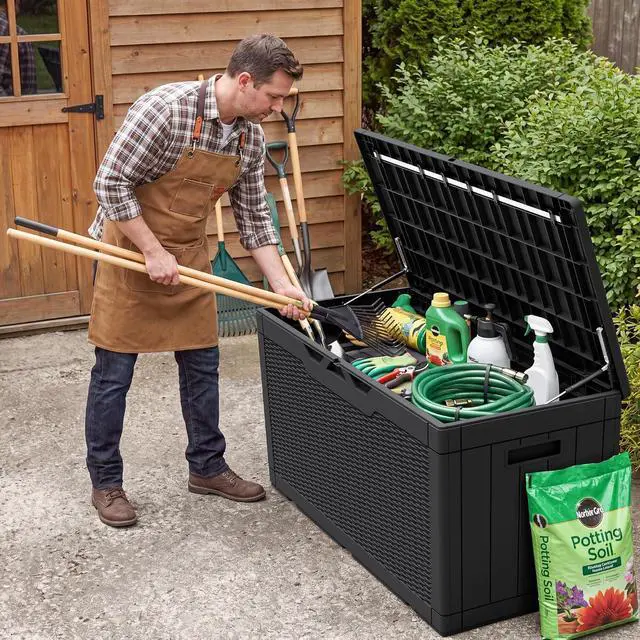Alt view image 7 of 7 - Outdoor Storage Box 100 Gallon Waterproof Resin Deck Box Delivery Box with Air Rod Indoor Outdoor Lockable Storage Bench for Patio Cushions, Tools, Pool Accessories (Black)