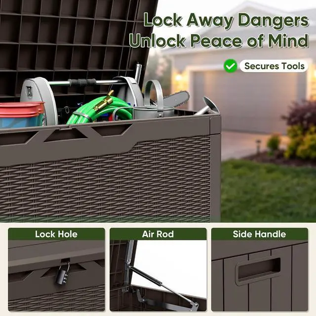 Alt view image 2 of 7 - Outdoor Storage Box 100 Gallon Waterproof Resin Deck Box Delivery with Air Rod Indoor Outdoor Lockable Storage Bench for Patio Cushions, Tools, Pool Accessories (Deep Brown)