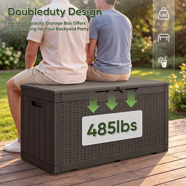 Alt view image 3 of 7 - Outdoor Storage Box 100 Gallon Waterproof Resin Deck Box Delivery with Air Rod Indoor Outdoor Lockable Storage Bench for Patio Cushions, Tools, Pool Accessories (Deep Brown)